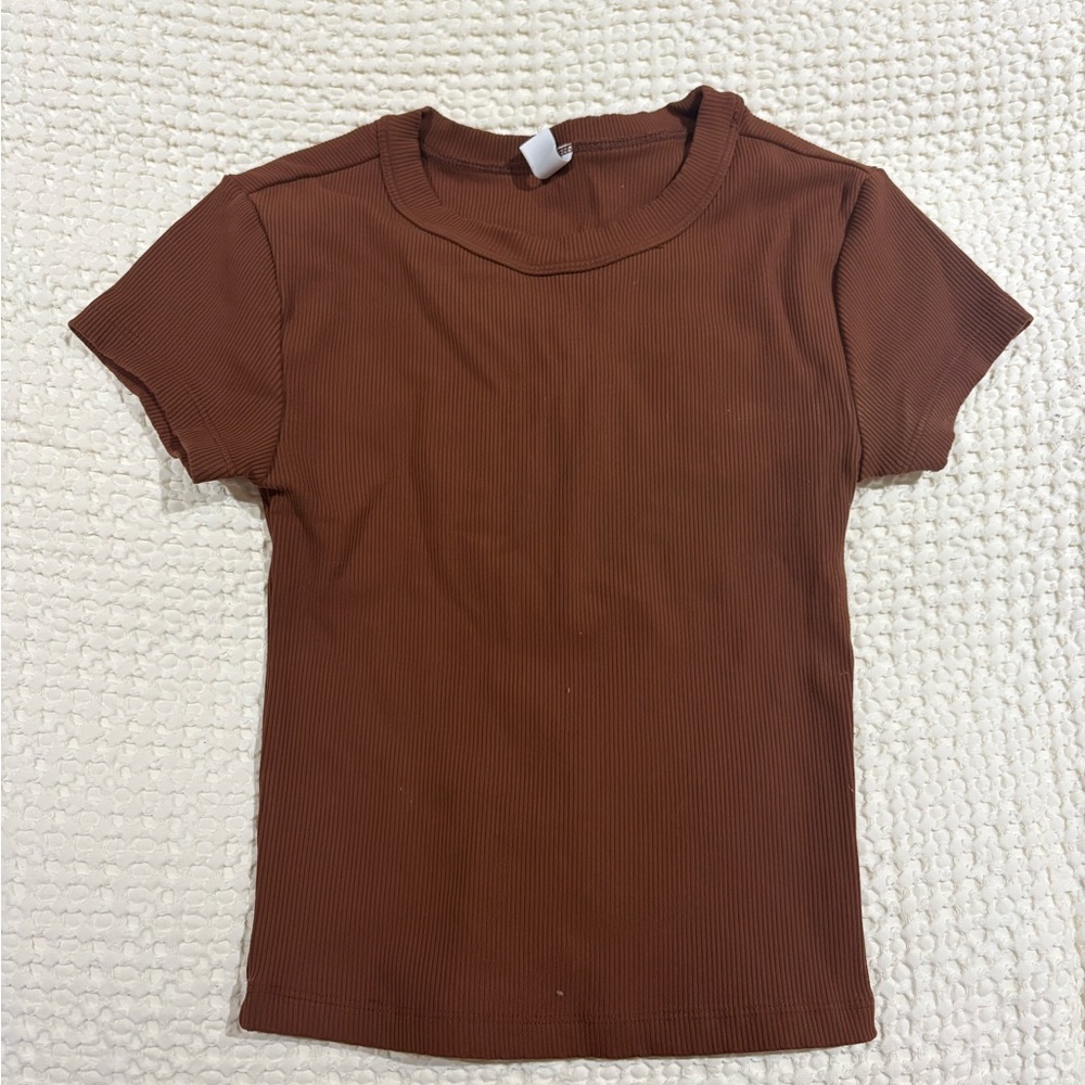 BP Brown Ribbed Short Sleeve Top